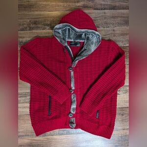 LCR Black Edition Knit Full Zip Sweater in Red Faux Fur Hood Lining
